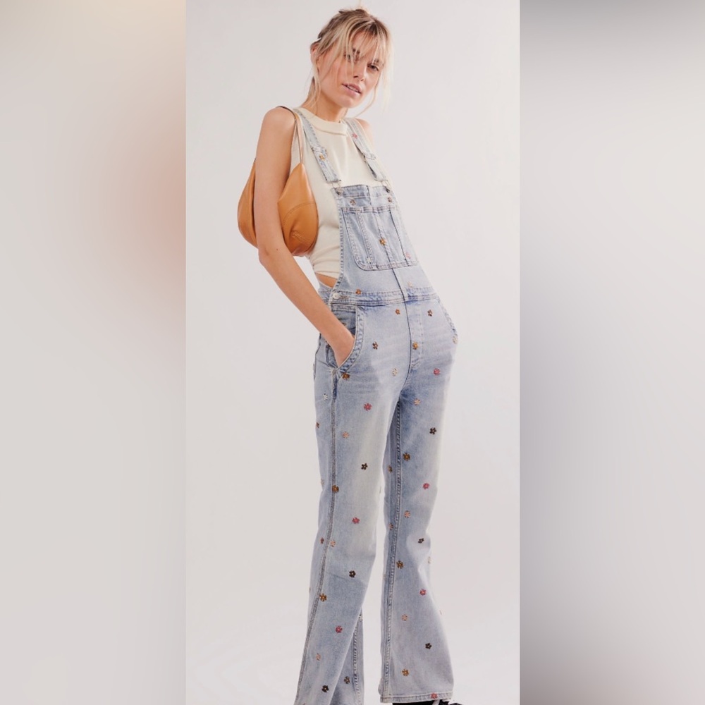Free People Light Wash Denim Overalls with Multicolor Embroidery
